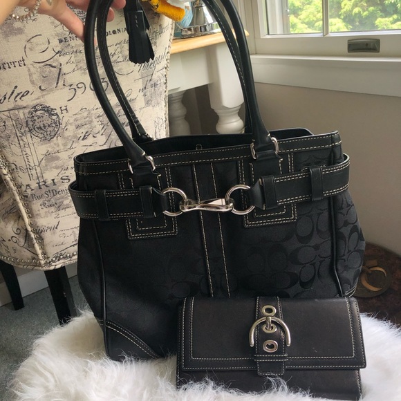 Black coach purse with matching black wallet